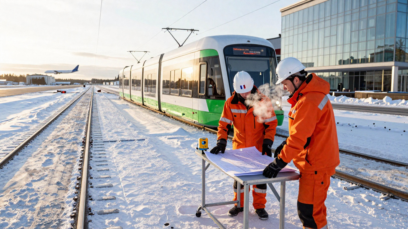 Dois trabalhadores de construção civil em roupa de frio e capacetes discutem planos junto a um comboio em via férrea com neve
