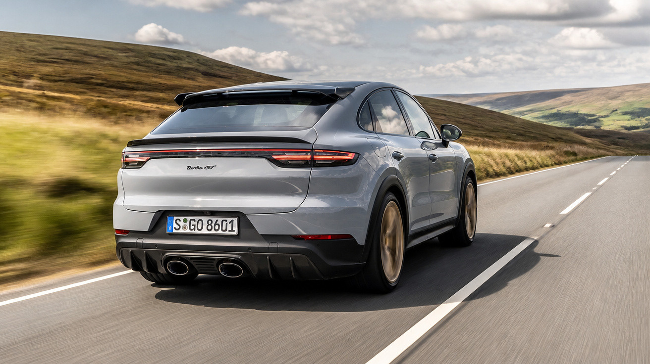 Carro desportivo cinzento Porsche Turbo GT a circular numa estrada rodeada por colinas e céu nublado.