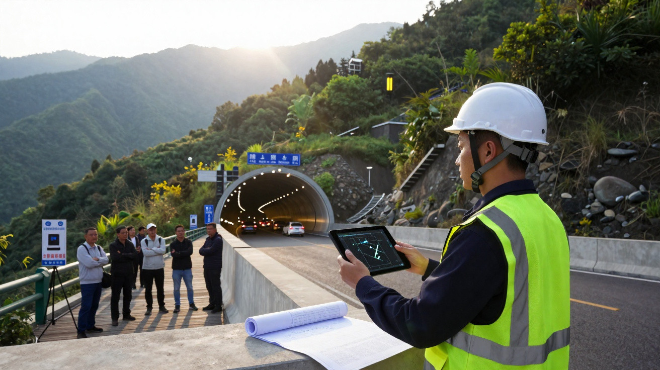 Engenheiro de capacete e colete a verificar dados num tablet à entrada de túnel rodoviário na montanha ao pôr do sol.