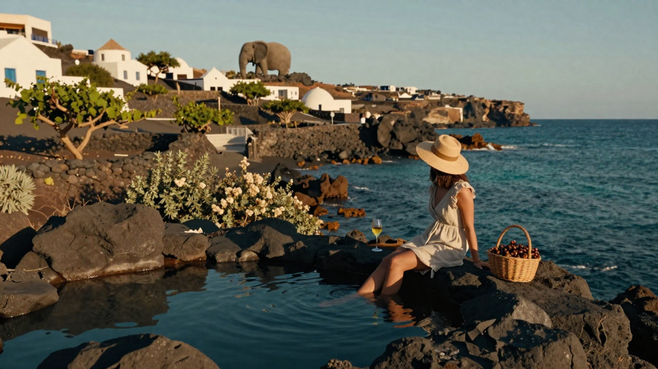 Mulher com chapéu sentada numa piscina natural de água salgada com vista para o mar e casas brancas ao fundo.