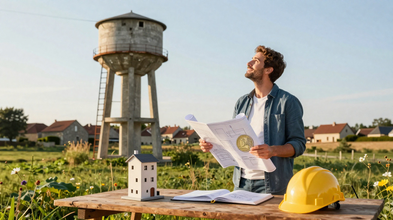 Homem segurando plantas de construção junto a mesa com capacete amarelo e maquete, olhando para torre de água.