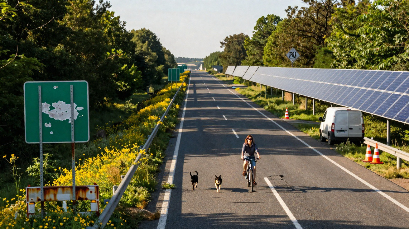 Mulher a andar de bicicleta ao lado de dois cães numa estrada com painéis solares e vegetação.