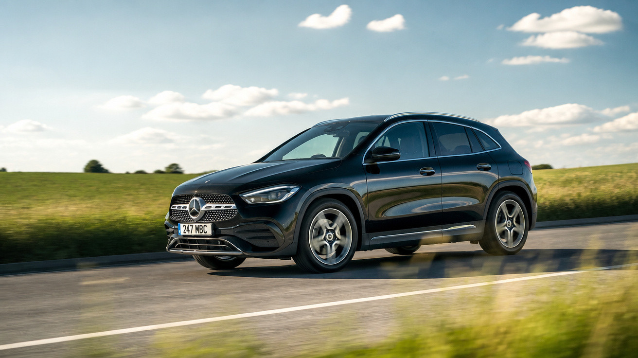 Carro Mercedes-Benz preto em estrada rural sob céu azul com nuvens brancas e vegetação ao redor.