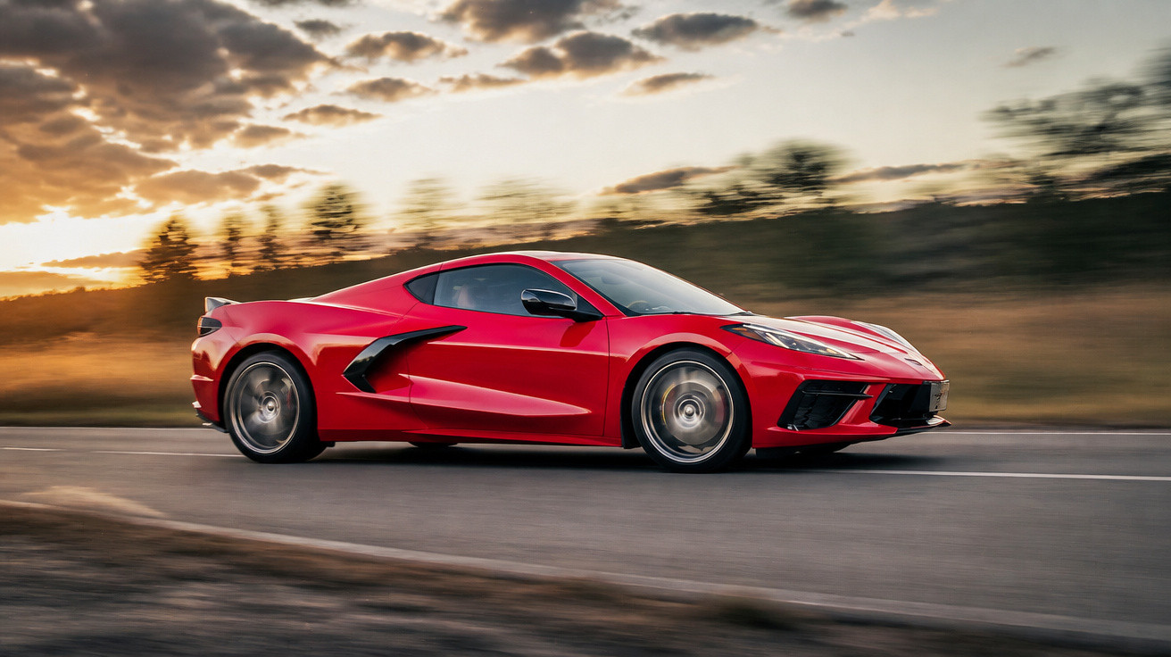 Carro desportivo vermelho a alta velocidade numa estrada durante o pôr do sol com árvores ao fundo.
