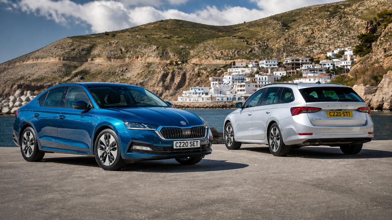 Dois carros Škoda estacionados junto ao mar com colinas e casas brancas ao fundo.