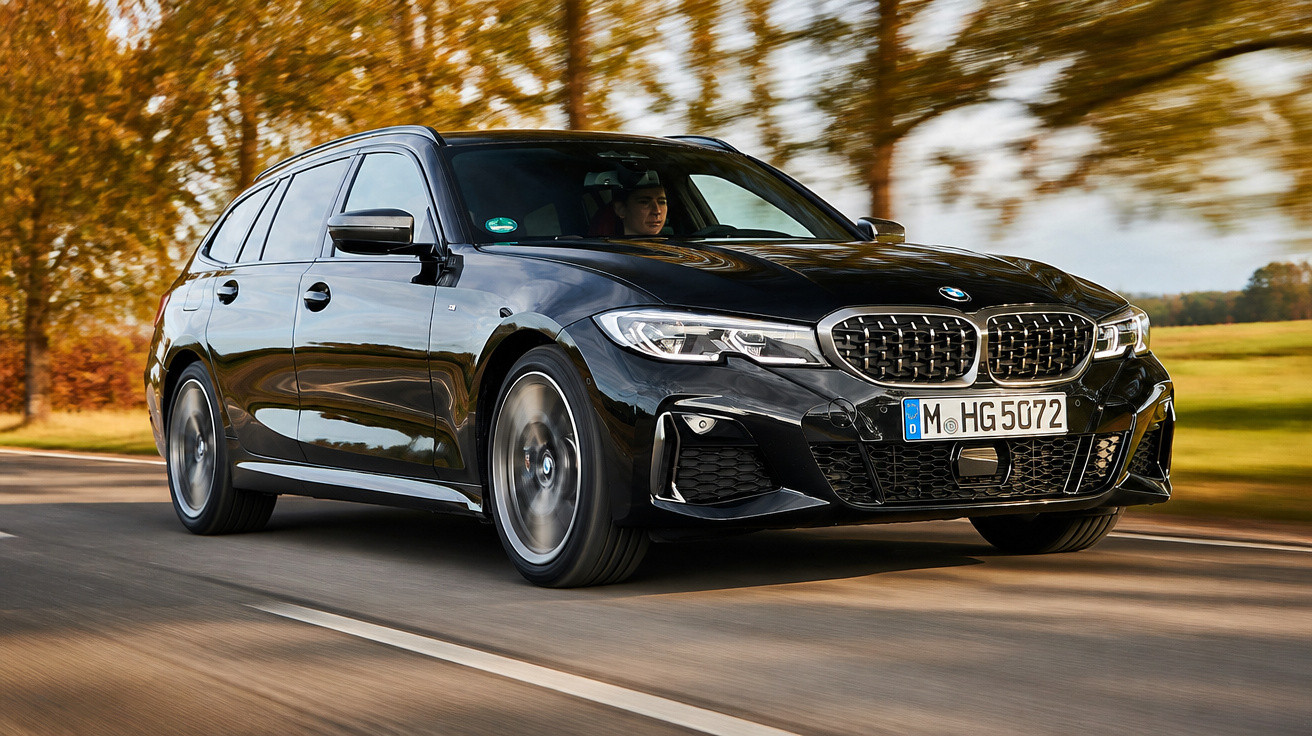 Carro BMW preto em movimento numa estrada com árvores e campo ao lado, sob luz de outono.