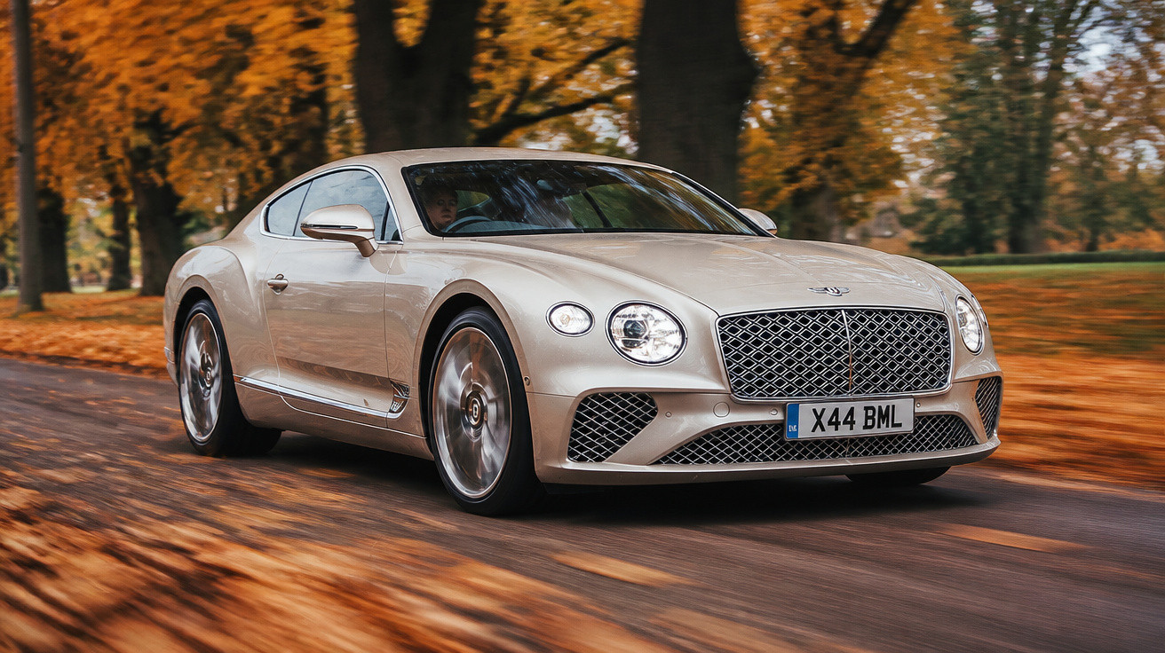 Carro de luxo Bentley Continental GT bege a circular numa estrada ladeada por árvores em outono.