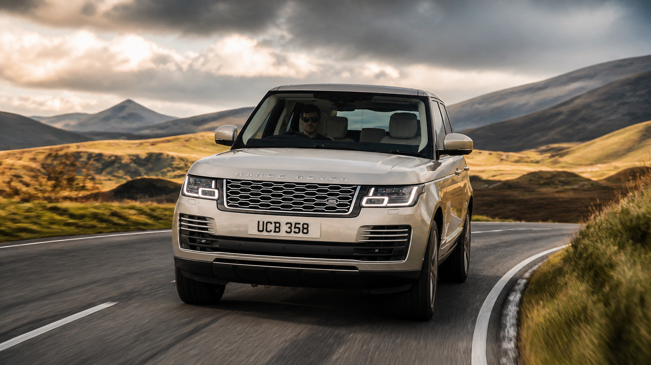 SUV Range Rover cinzento a conduzir numa estrada sinuosa com montanhas ao fundo ao pôr do sol.