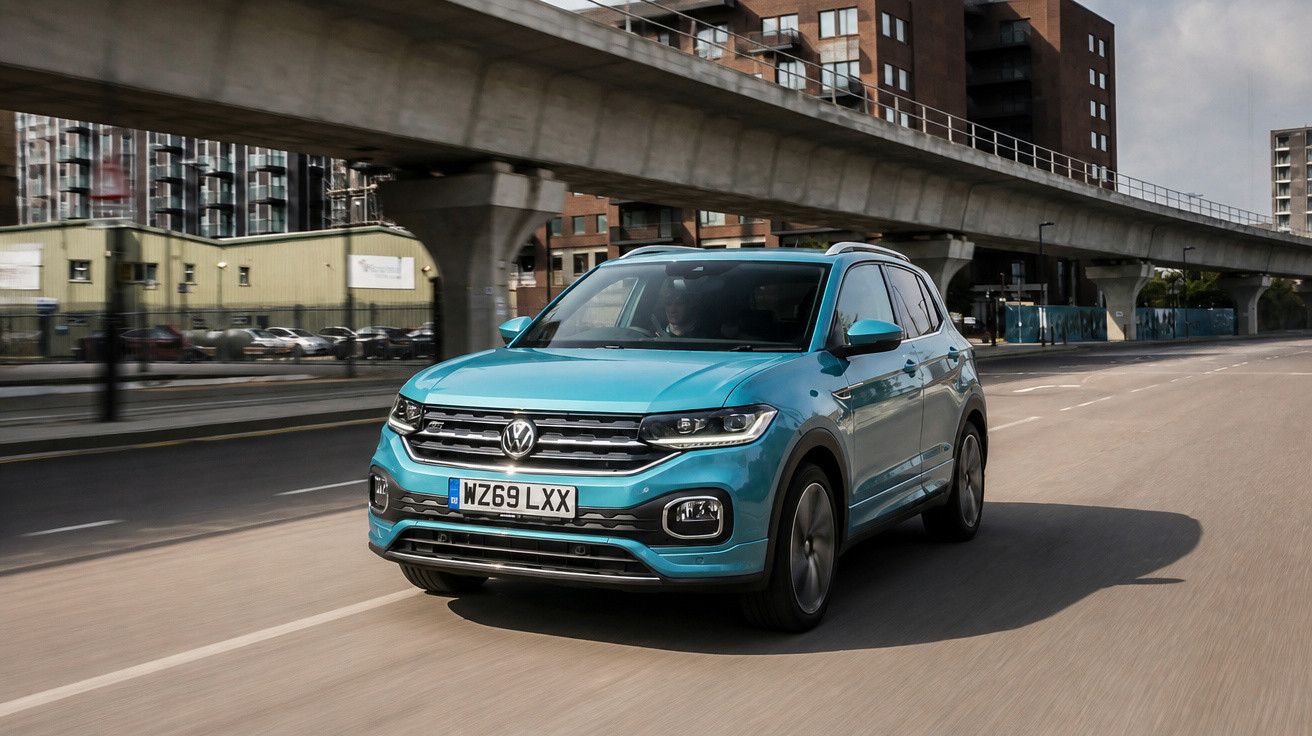Carro Volkswagen azul em movimento numa avenida urbana com edifícios e viaduto em segundo plano.