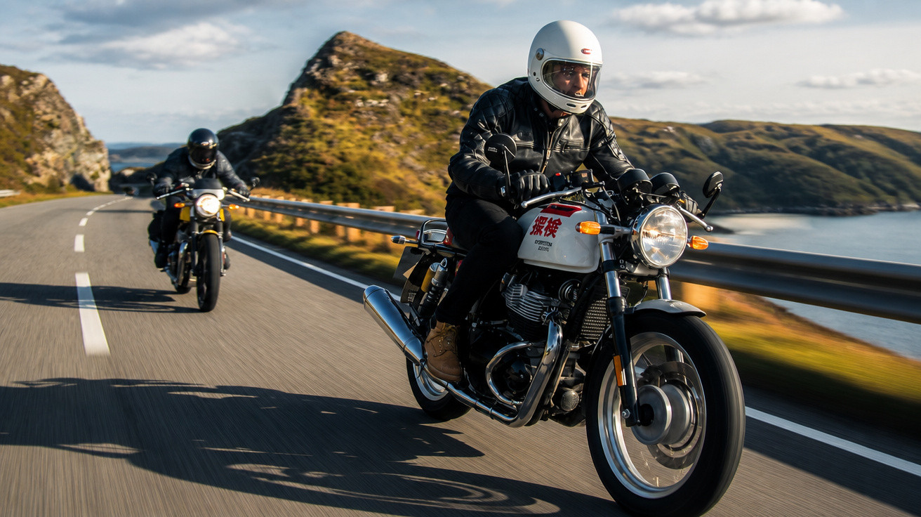 Dois motociclistas de capacete a conduzir motos clássicas numa estrada costeira rodeada por colinas e mar.