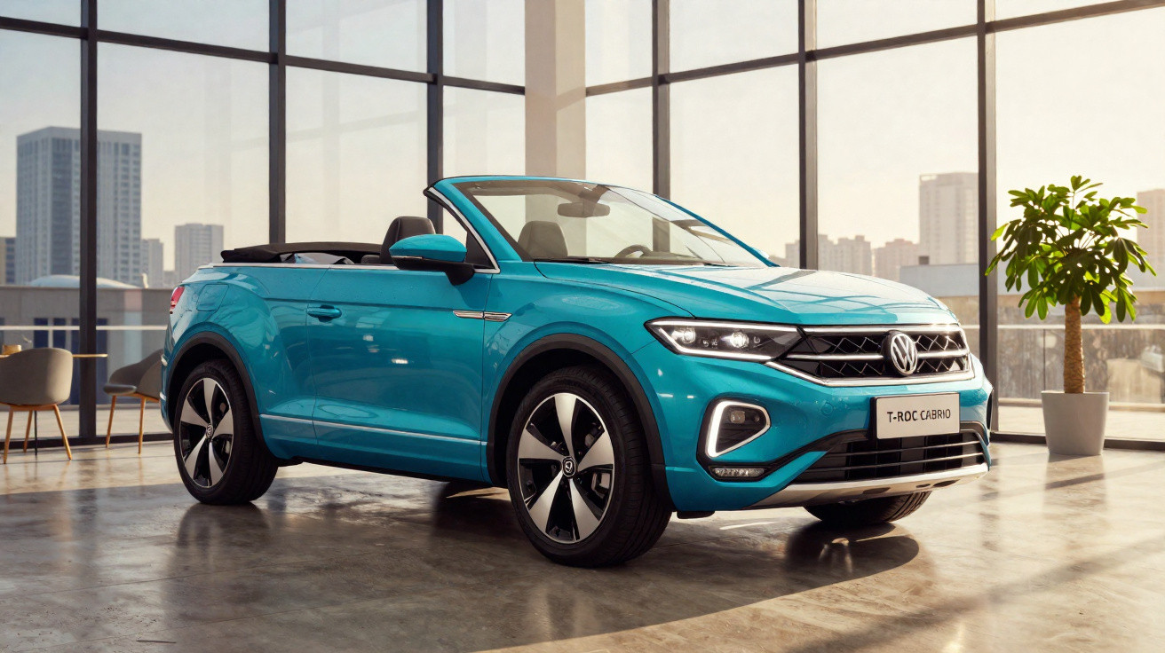 Carro descapotável azul Volvo T-Roc Cabrio estacionado em espaço interior com janelas amplas e vista urbana.