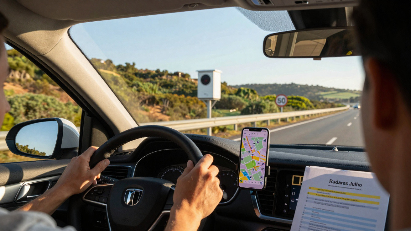 Condutor a segurar volante e consultar GPS com radar e placa de limite de velocidade à frente numa estrada.