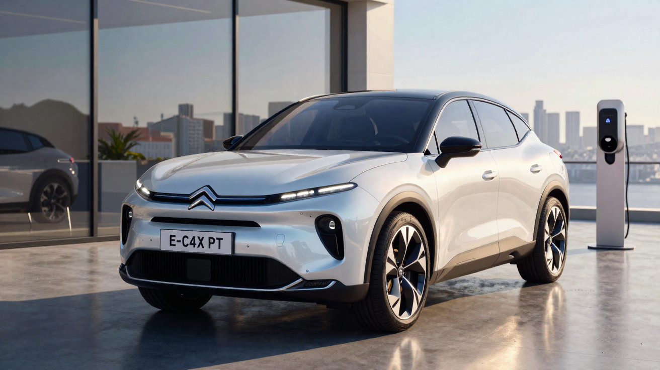 Carro elétrico Citroën E-C4 X branco estacionado junto a posto de carregamento num ambiente urbano moderno.