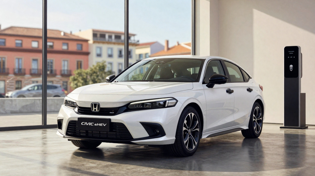 Carro branco Honda Civic e:HEV estacionado dentro de um espaço moderno com janelas amplas.