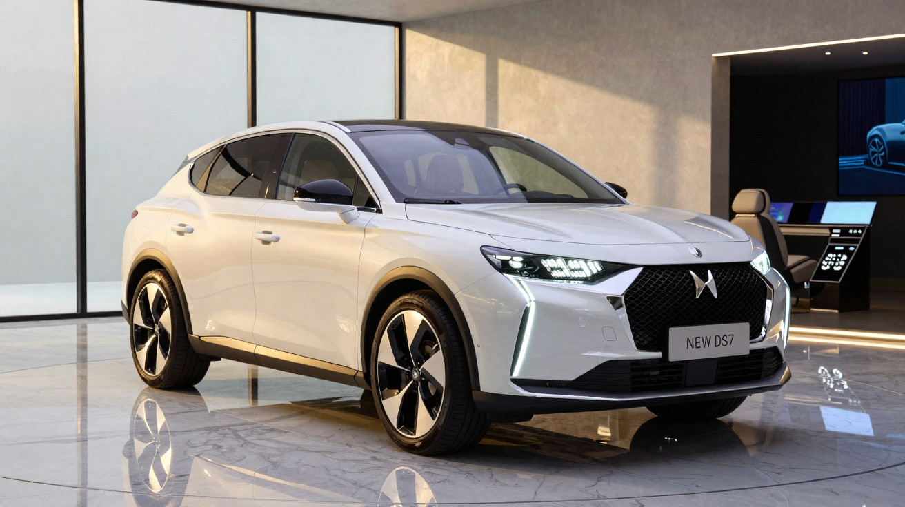 Carro elétrico branco DS 7 num espaço interior moderno com chão em mármore e grandes janelas.