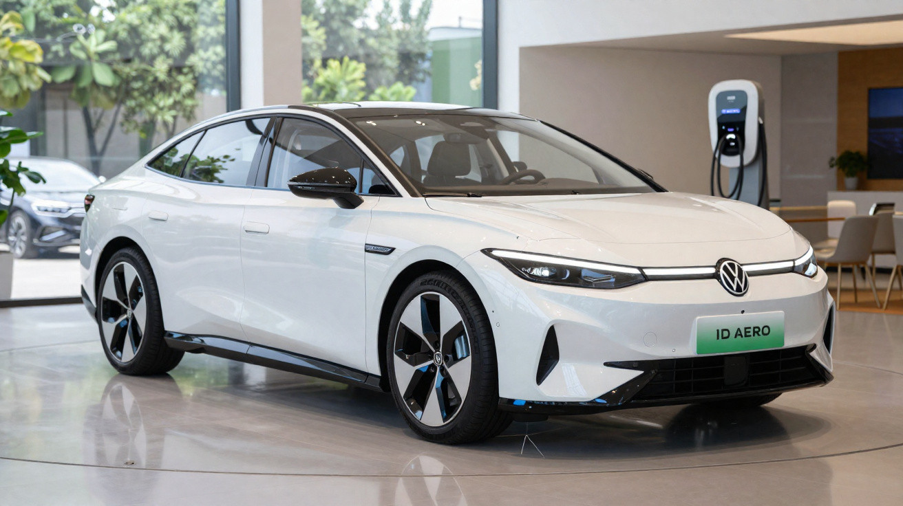 Carro eléctrico branco Volkswagen ID Aero numa exposição, perto de posto de carregamento.