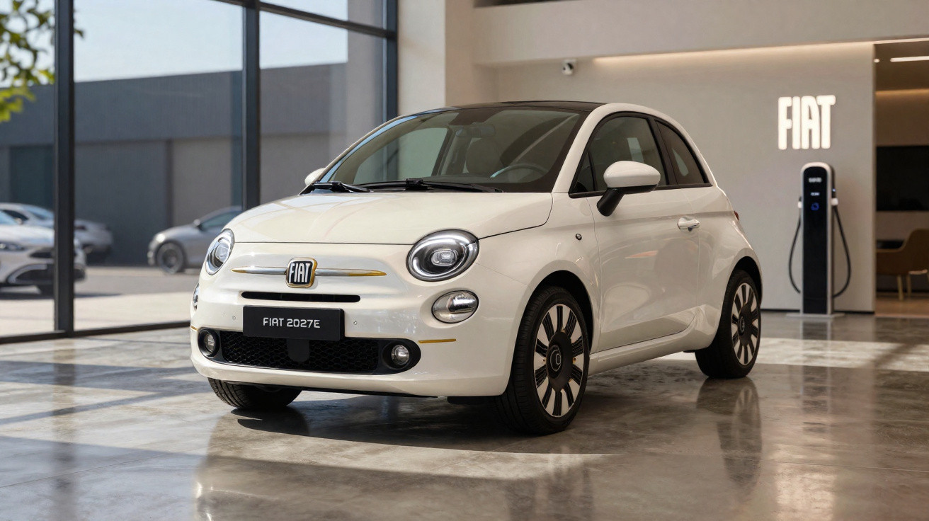 Carro elétrico branco Fiat 2027E estacionado dentro de centro de exposições moderno.