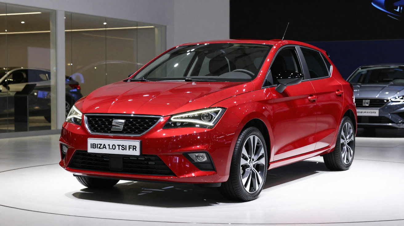 Carro vermelho SEAT Ibiza 1.0 TSI FR exposto em salão automóvel com iluminação branca.