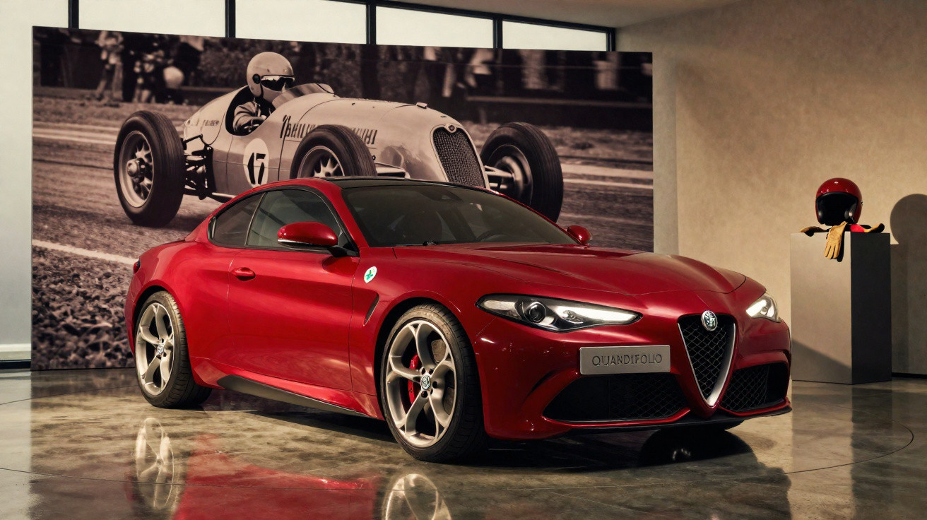 Carro desportivo Alfa Romeo vermelho estacionado em exposição com fotografia vintage de corrida ao fundo.