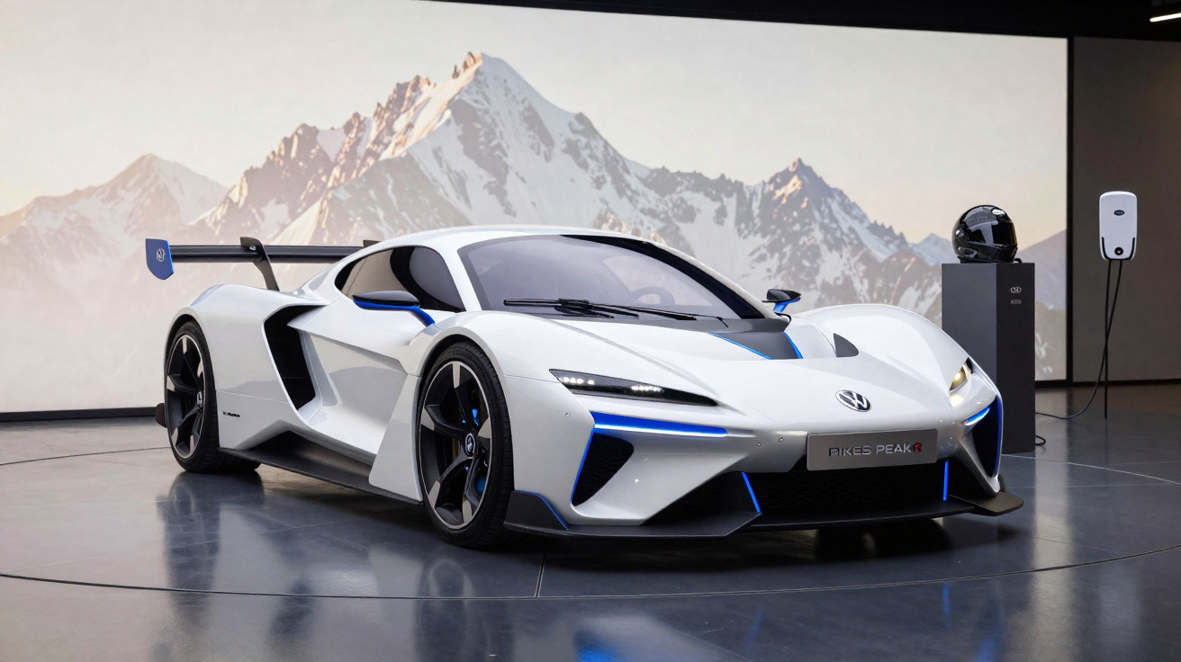 Carro desportivo eléctrico branco com detalhes azuis exposto em ambiente moderno, com imagem de montanhas ao fundo.