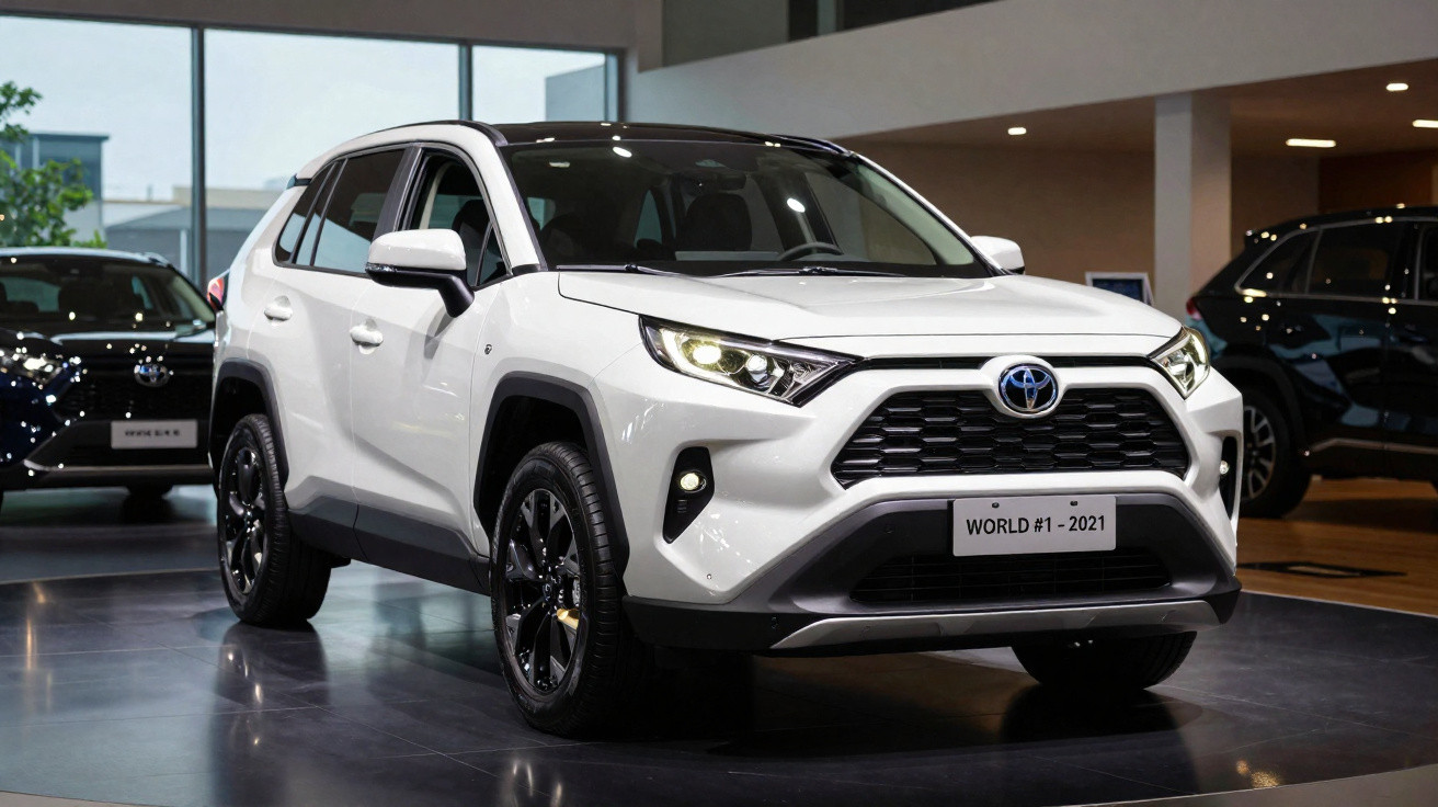 Toyota SUV branco exposto numa sala de automóveis moderna com iluminação interior.