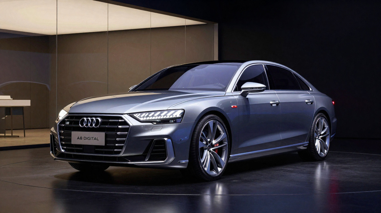 Audi A8 Digital cinzento estacionado em ambiente interior com iluminação suave e design moderno.