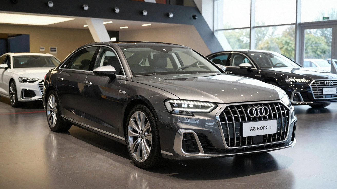 Automóvel Audi A8 Horch cinzento e brilhante em exposição numa sala moderna com outros carros ao fundo.