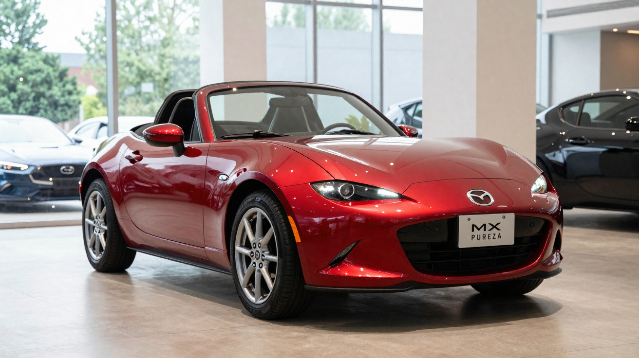 Carro desportivo descapotável vermelho Mazda MX-5 exposto num showroom iluminado.