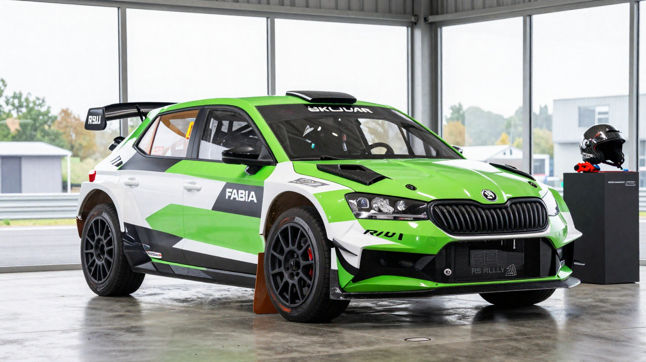 Carro de rali Škoda Fabia RS verde e branco, em garagem com janelas amplas, com capacete de piloto ao lado.