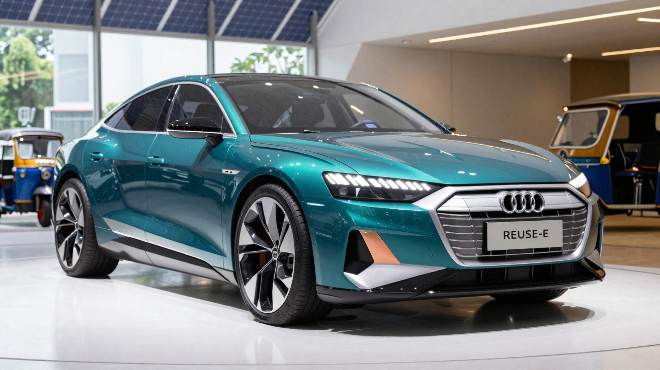 Carro elétrico Audi verde metálico modelo REUSE-E exposto em salão moderno com iluminação natural.