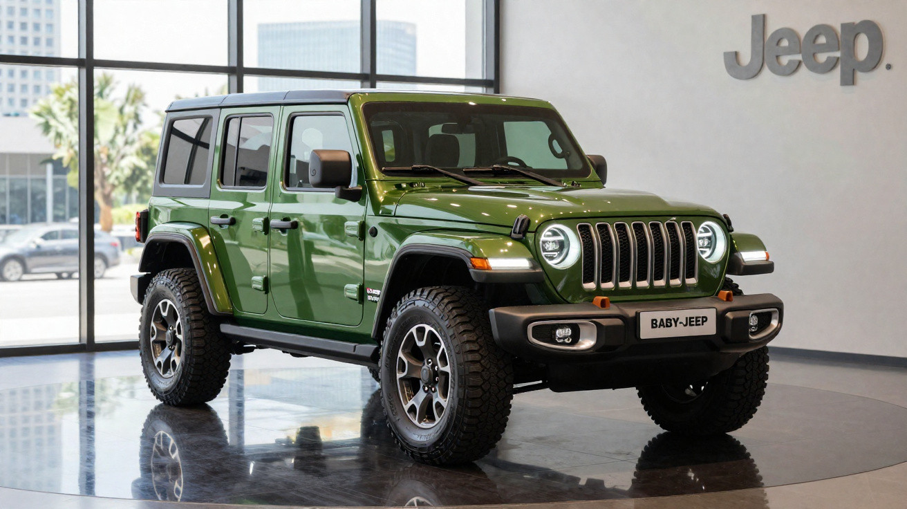 Jeep Wrangler verde estacionado em showroom com letras Jeep na parede ao fundo.