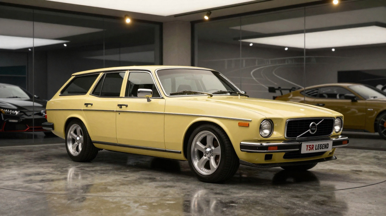 Carro clássico Volvo amarelo estacionado em garagem moderna com piso polido e outras viaturas ao fundo.