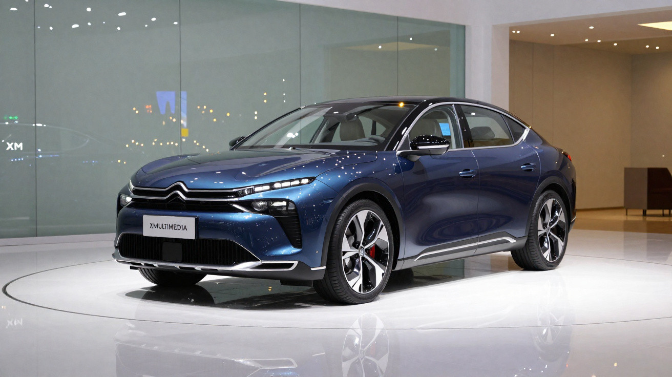 Carro elétrico Citroën XMULTIMEDIA azul escuro exposto num salão moderno com piso branco refletor.