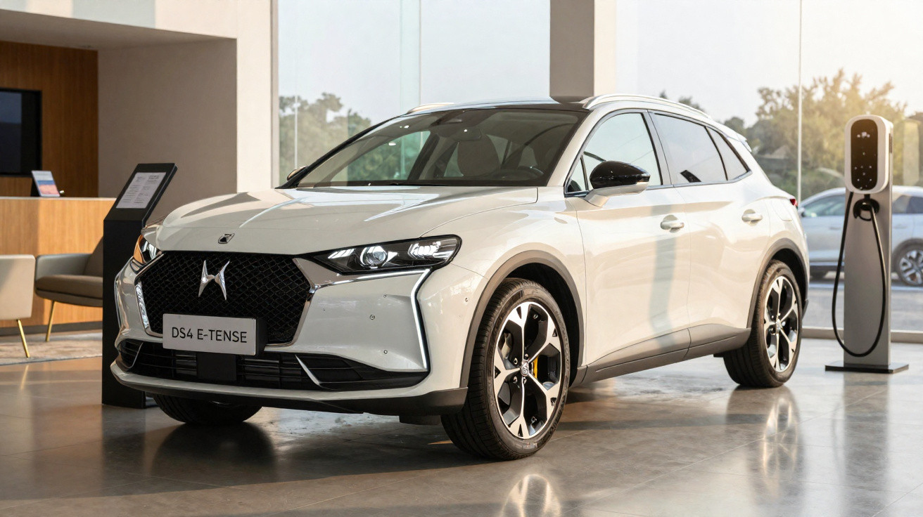 Carro elétrico DS4 E-Tense branco estacionado em showroom moderno com posto de carregamento ao lado.
