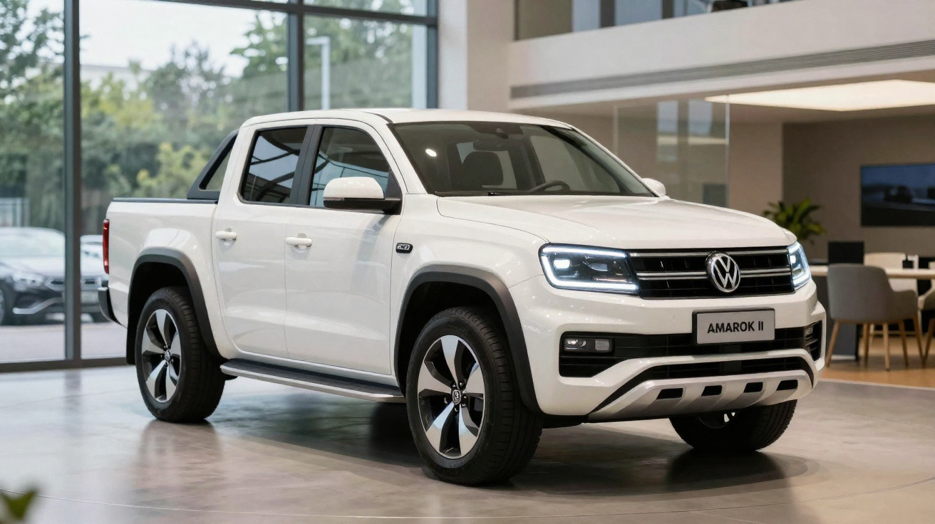 Volkswagen Amarok II branco estacionado dentro de uma sala moderna com janelas de vidro.