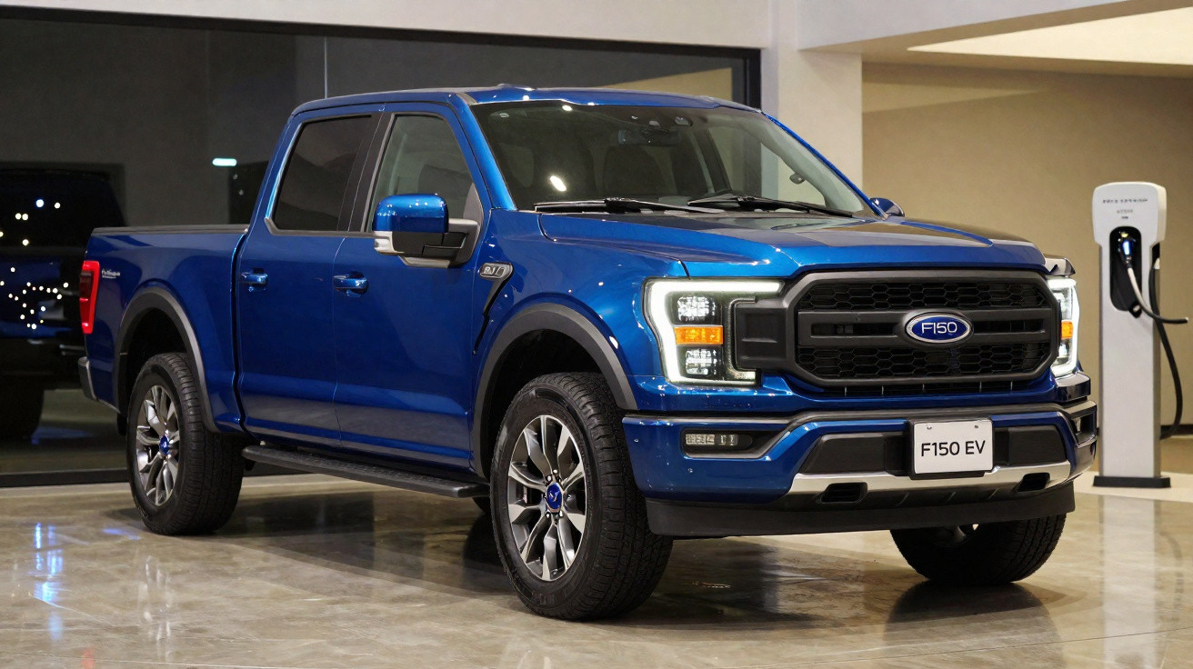 Picape Ford F-150 EV azul estacionada em showroom com posto de carregamento elétrico ao lado.