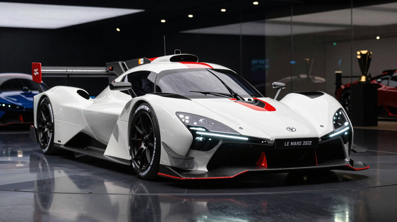 Carro de corrida branco Toyota com detalhes vermelhos exibido em salão automóvel moderno.
