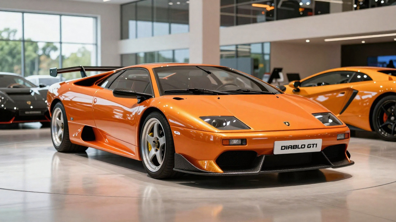 Lamborghini Diablo GTI laranja num showroom com carros desportivos ao fundo.