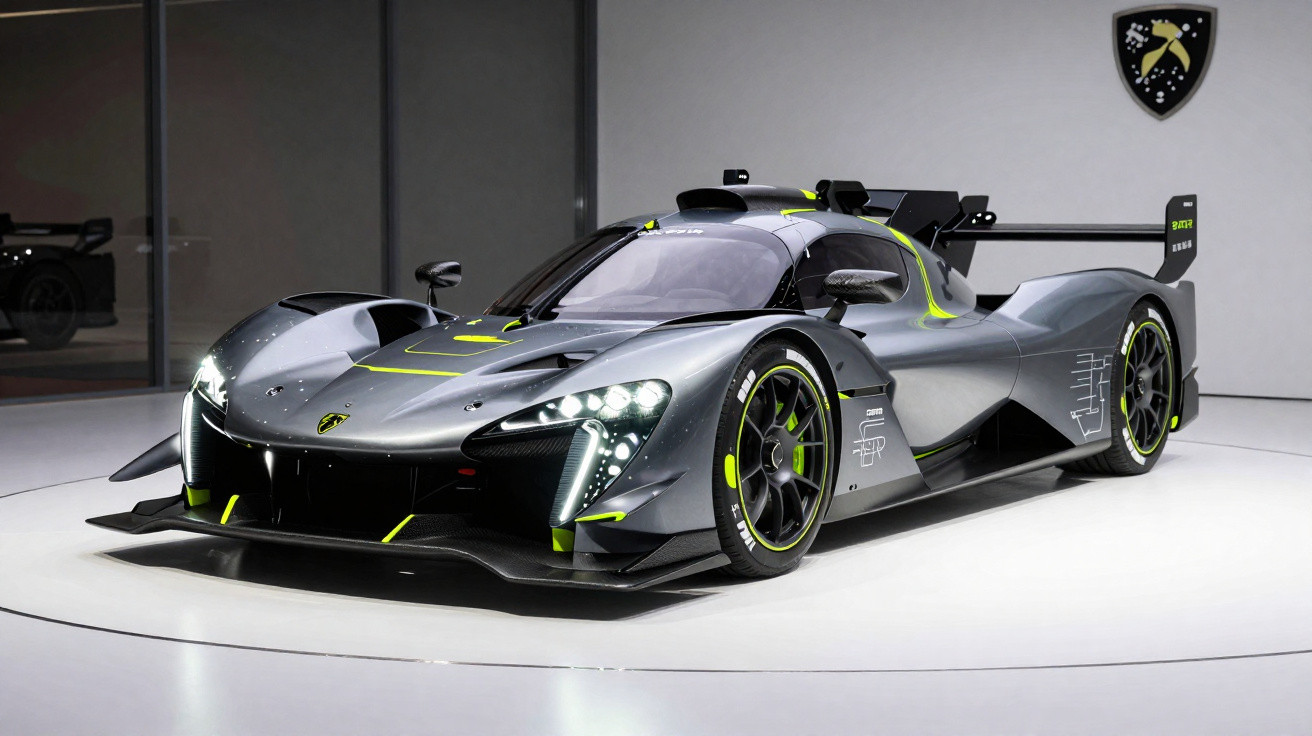 Carro desportivo cinzento e preto com detalhes em verde neon exposto em plataforma branca interior.