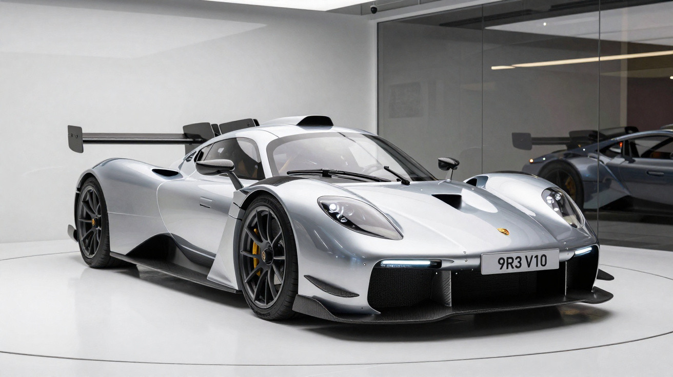 Carro desportivo Porsche prateado com aerofólio e pneus de competição em exposição numa sala moderna.