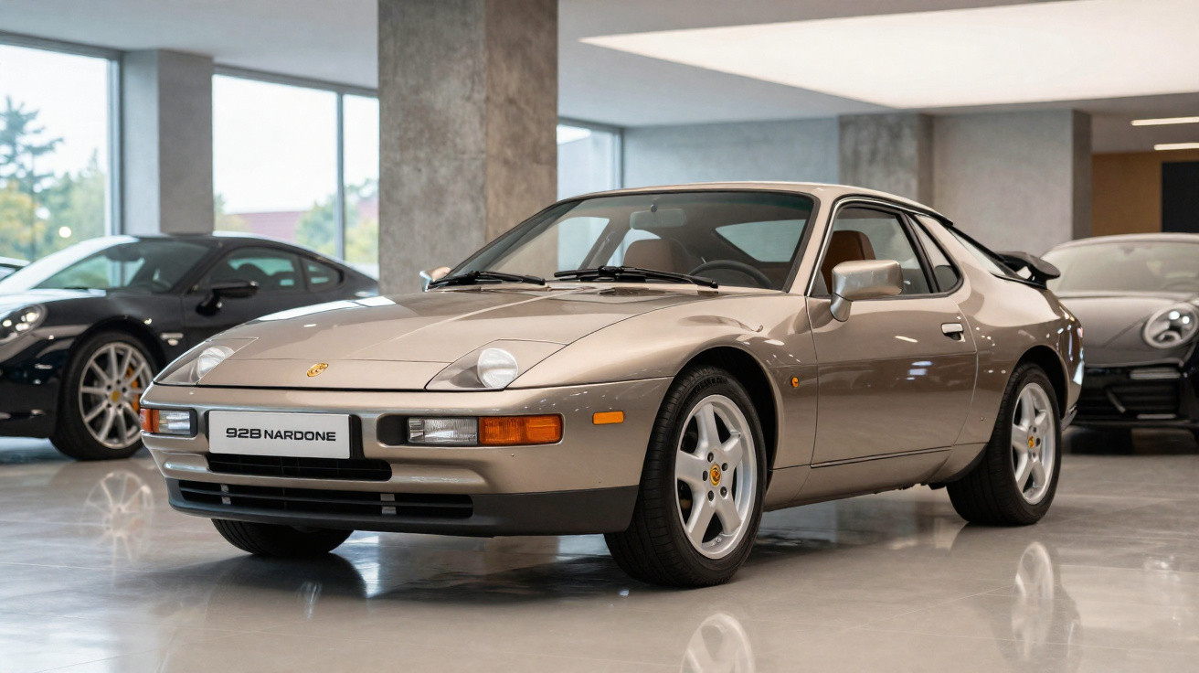 Carro desportivo clássico Porsche 928 Nardone bege em exposição num salão moderno.