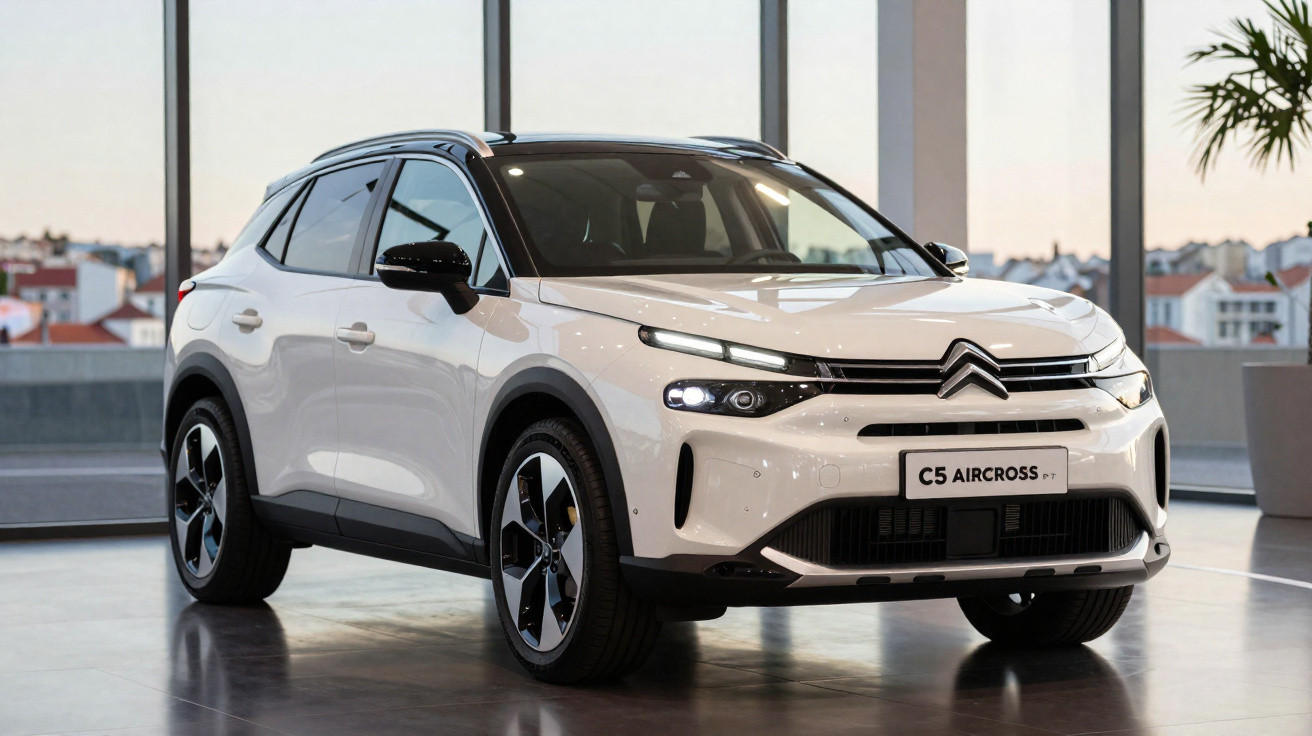 Citroën C5 Aircross branco estacionado em piso interior com janelas grandes ao fundo.