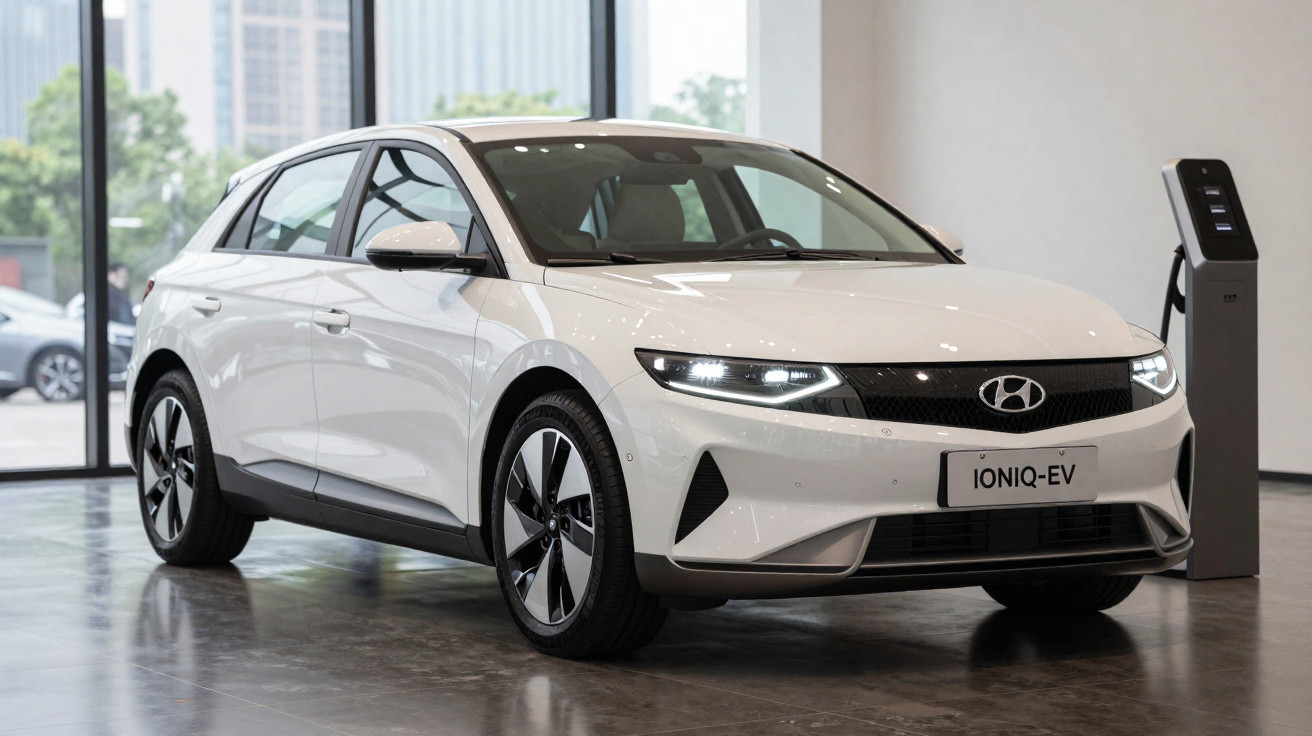 Automóvel elétrico branco Hyundai Ioniq EV estacionado numa sala com chão de cimento polido.