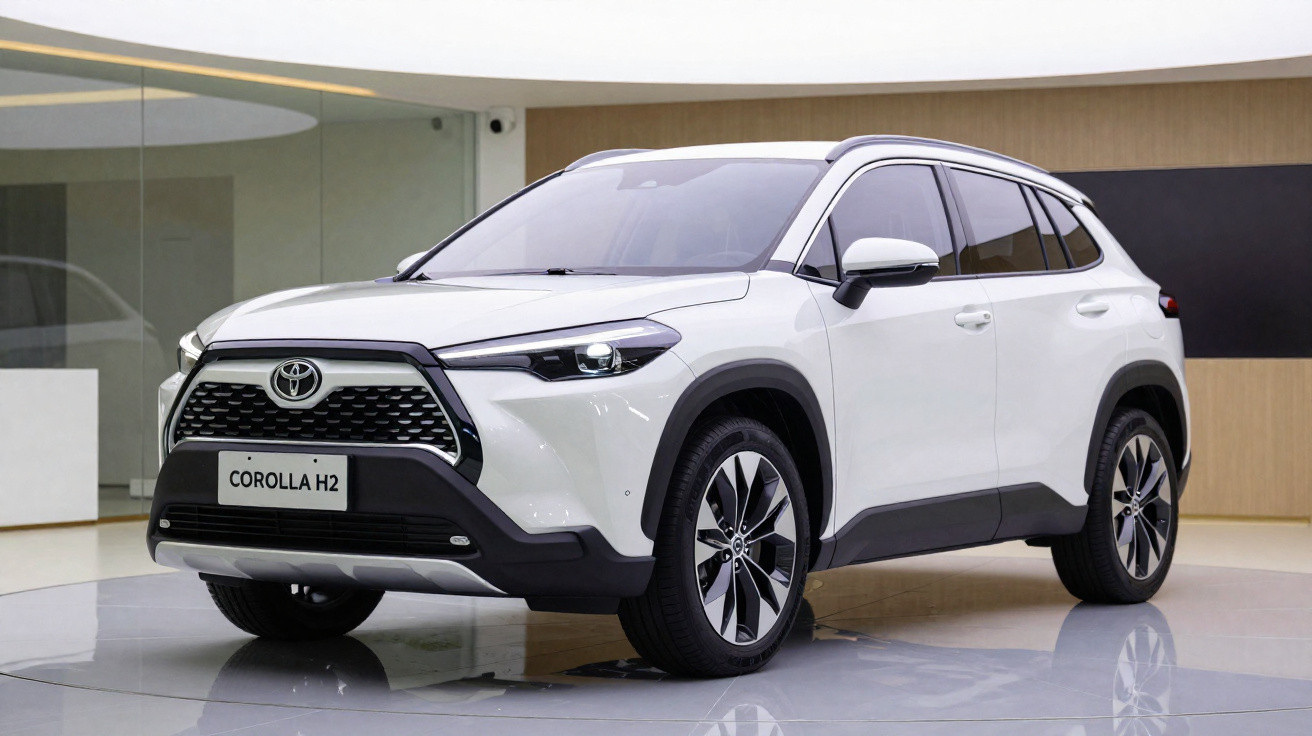 Carro Toyota Corolla H2 branco em exposição, SUV com design moderno e linhas aerodinâmicas.