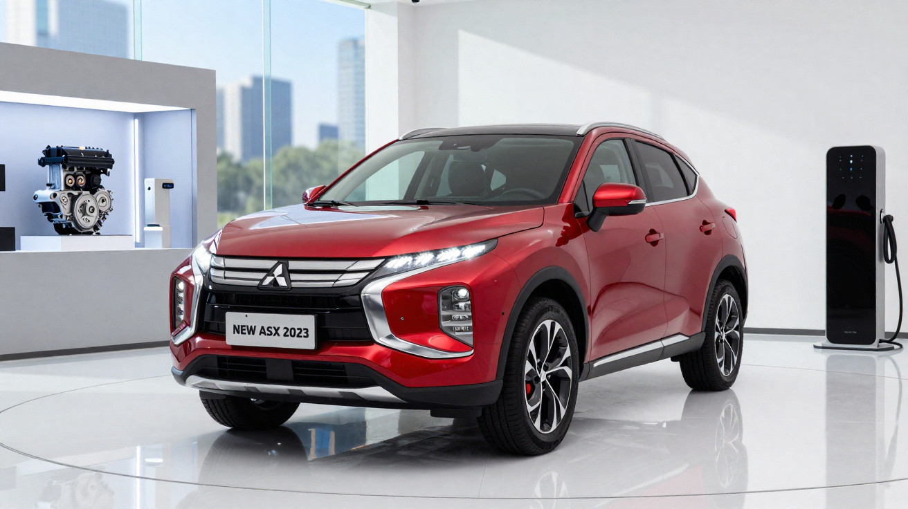Carro SUV vermelho Mitsubishi New ASX 2023 exibido em sala moderna com motor e estação de carregamento.