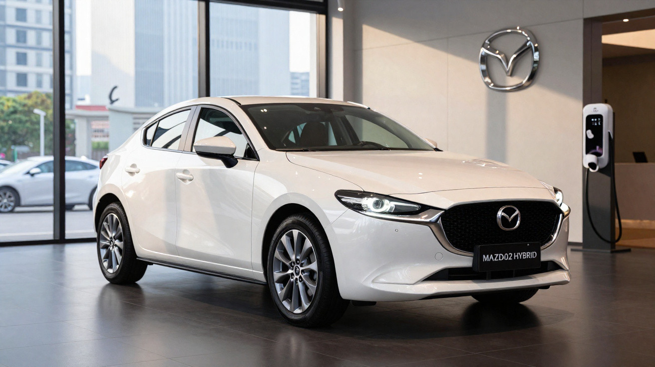 Carro branco Mazda2 híbrido em exposição numa sala moderna com logótipo Mazda na parede.