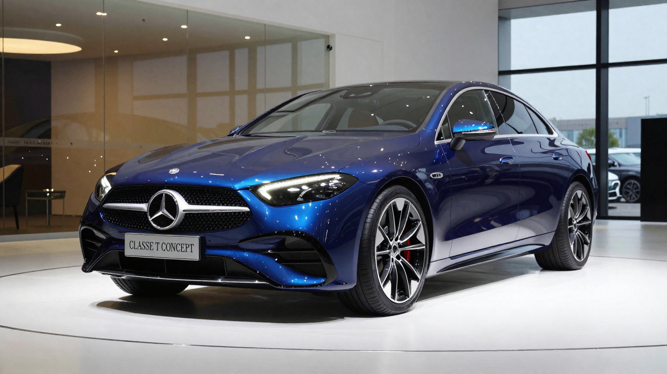Carro Mercedes-Benz Classe T Concept azul exposto em salão de automóveis moderno.