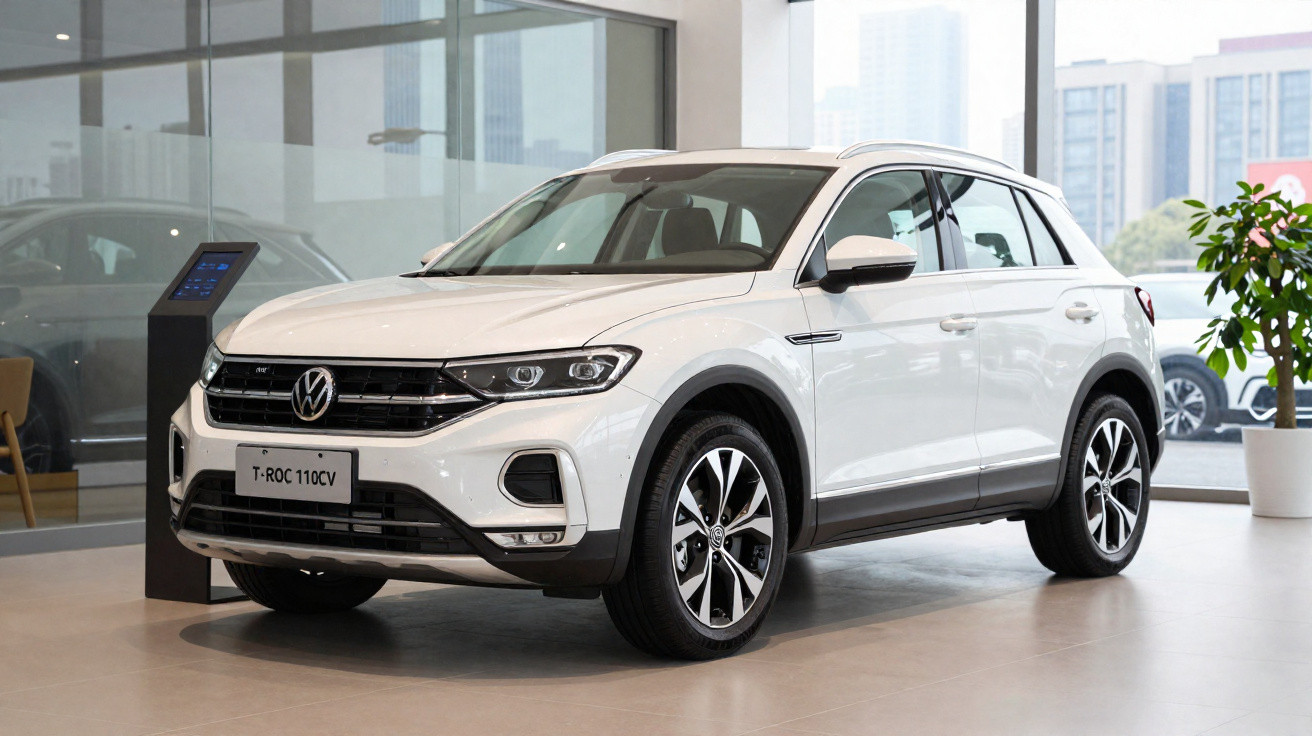 Carro Volkswagen T-Roc branco em exposição numa concessionária moderna e iluminada.