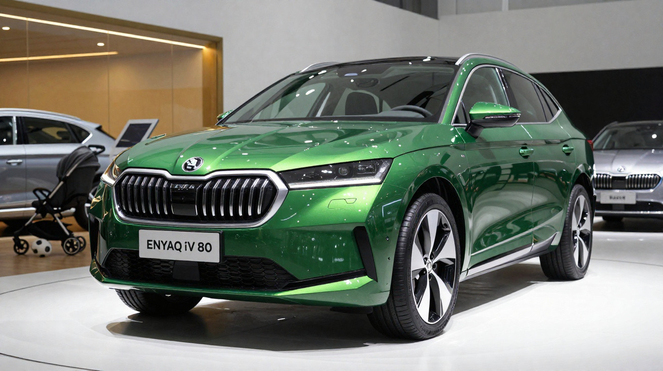 Carro elétrico SUV Škoda Enyaq iV 80 verde exposto em salão automóvel com luzes refletidas no capô.
