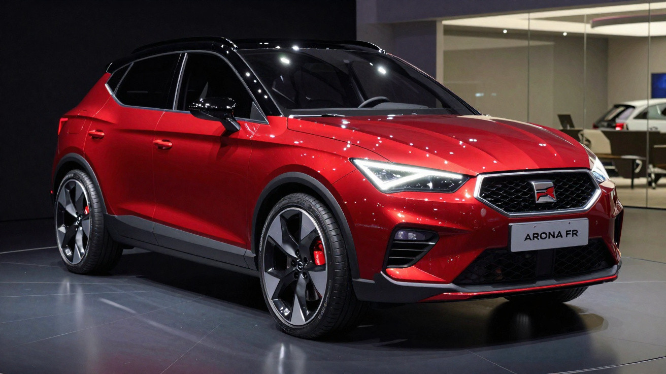 Carro SUV vermelho Seat Arona FR estacionado em ambiente interior moderno e iluminado.